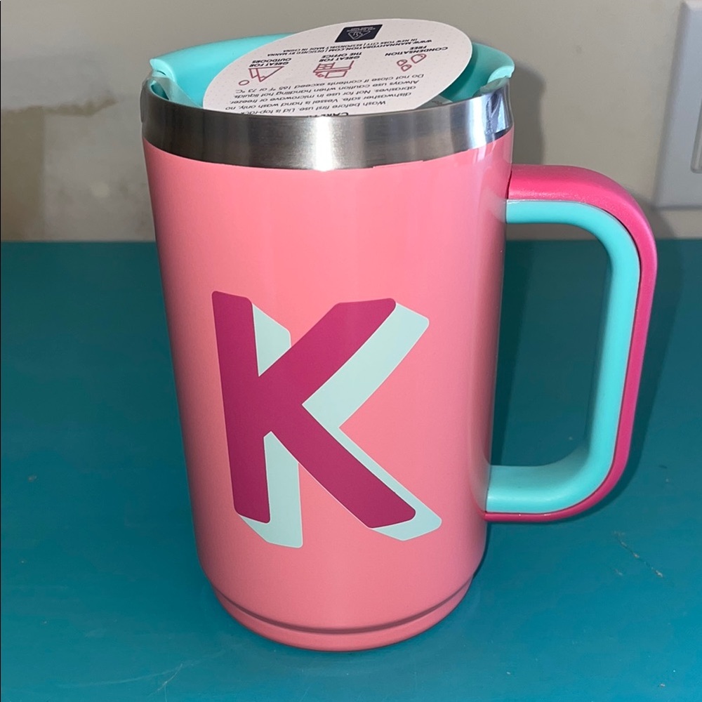 NWT Pink and Teal Insulated Mug with K Initial